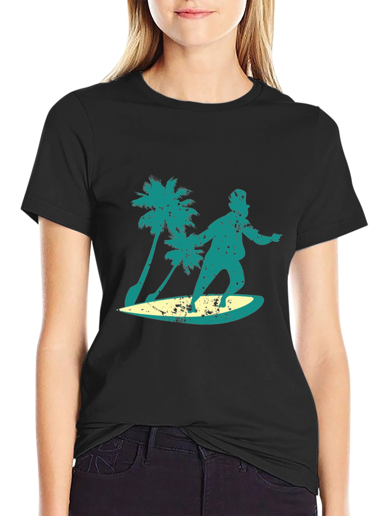 Surfing Santa Graphic Tee - Black Cotton Blend