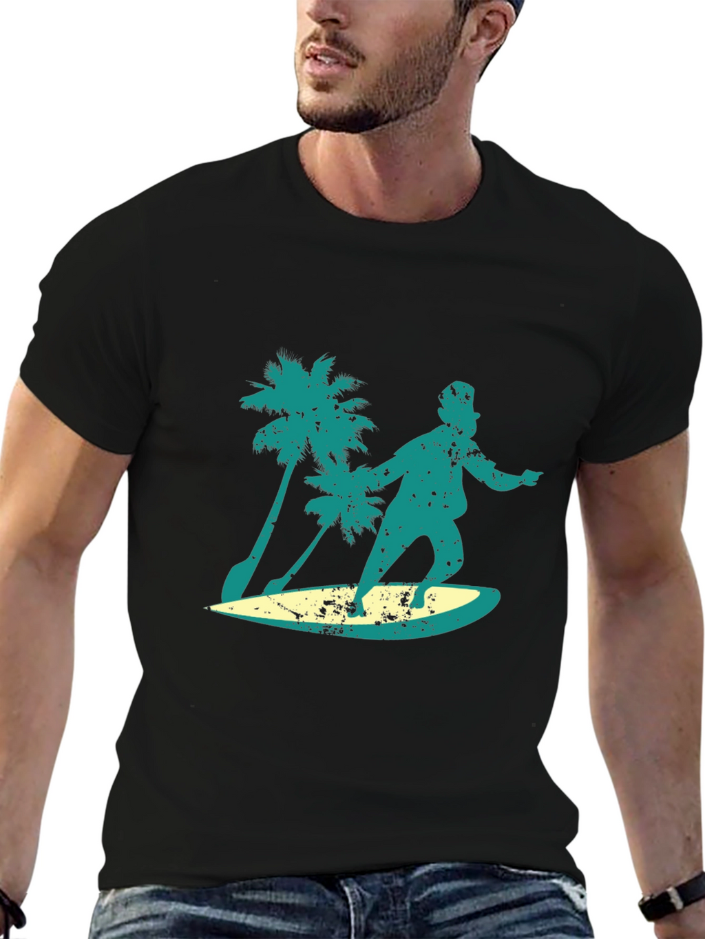 Surfing Santa Graphic Tee - Black Cotton Blend