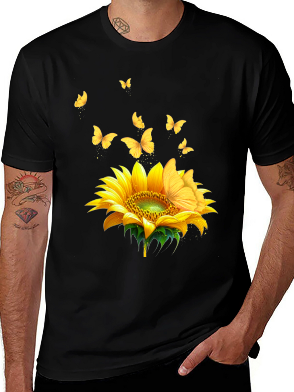 Sunflower Butterfly Black T-Shirt