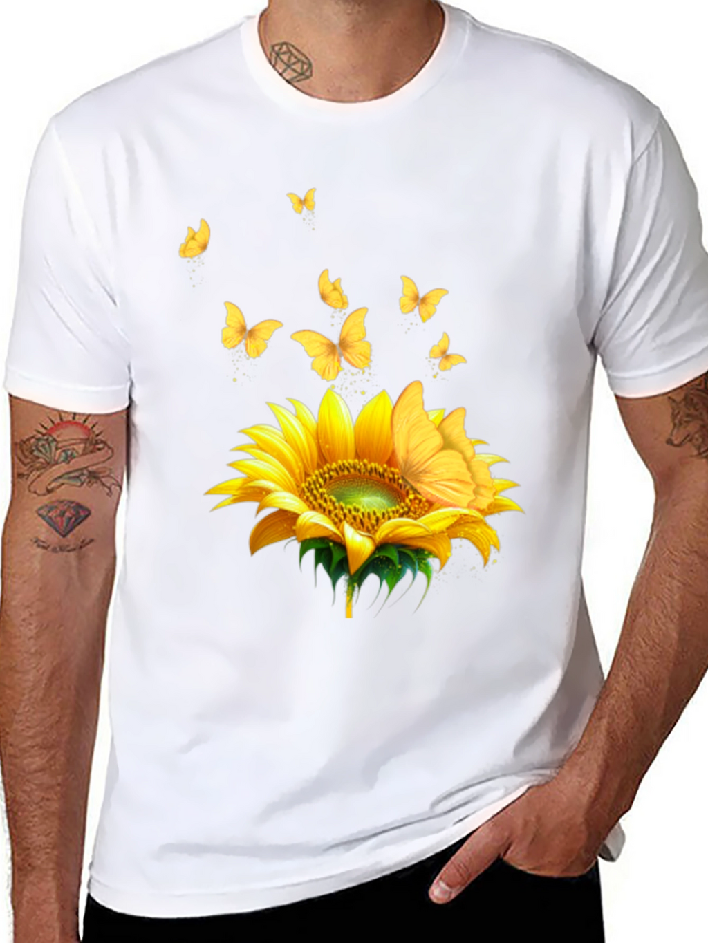 Sunflower Butterfly Black T-Shirt