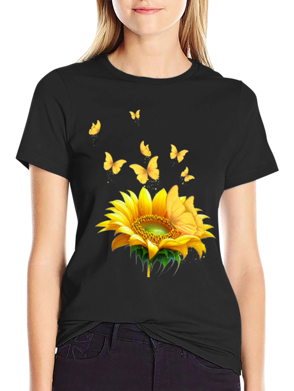 Sunflower Butterfly Black T-Shirt