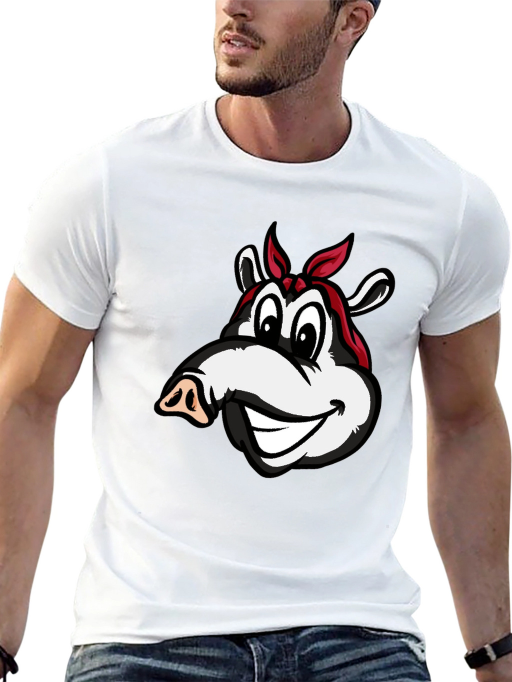 Cartoon Pig Bandana Black T-Shirt