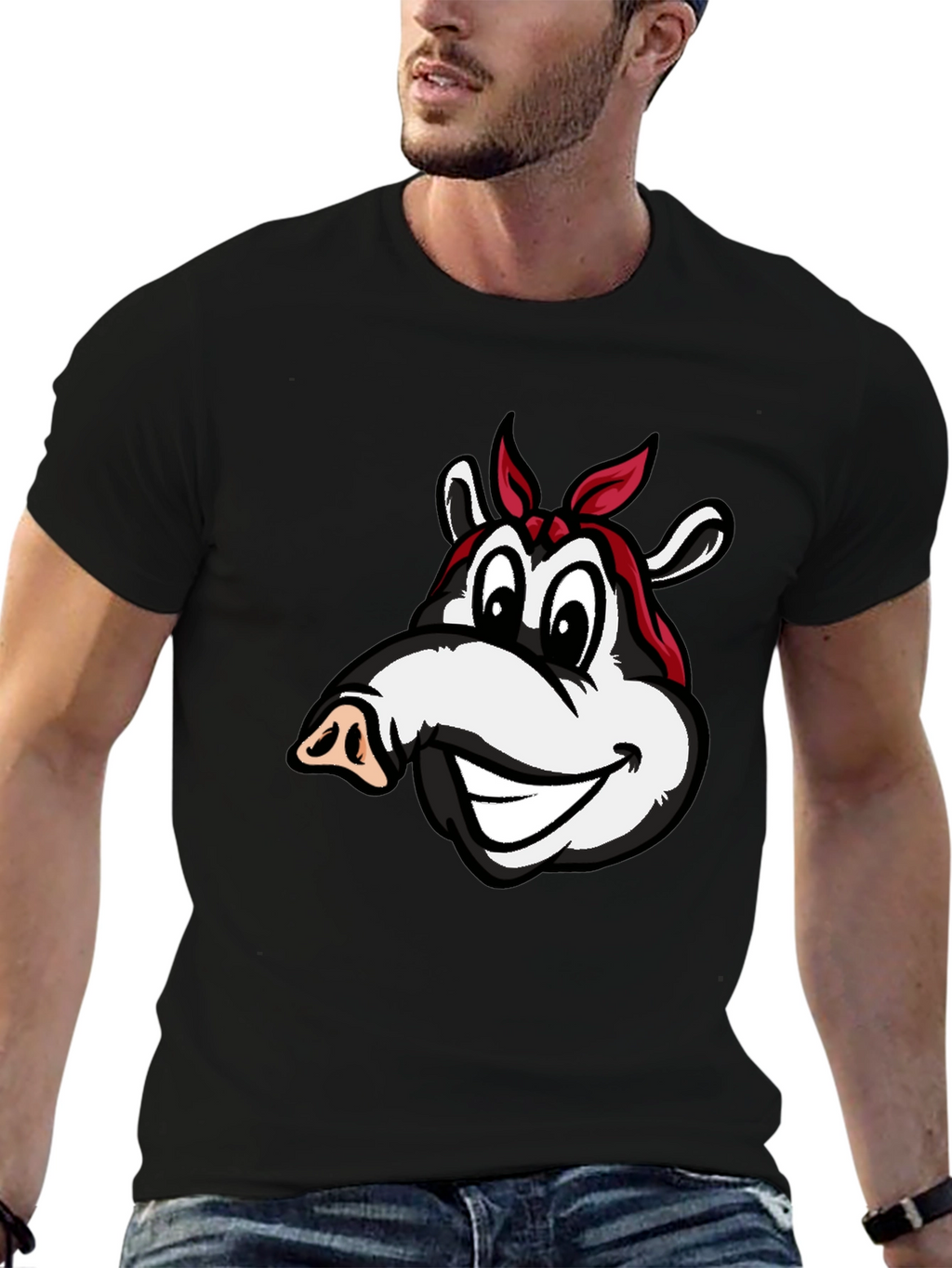 Cartoon Pig Bandana Black T-Shirt