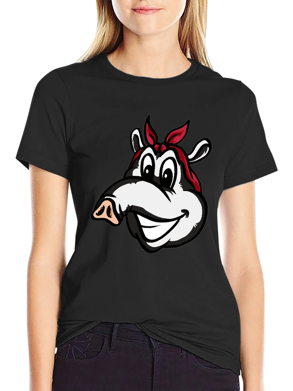 Cartoon Pig Bandana Black T-Shirt