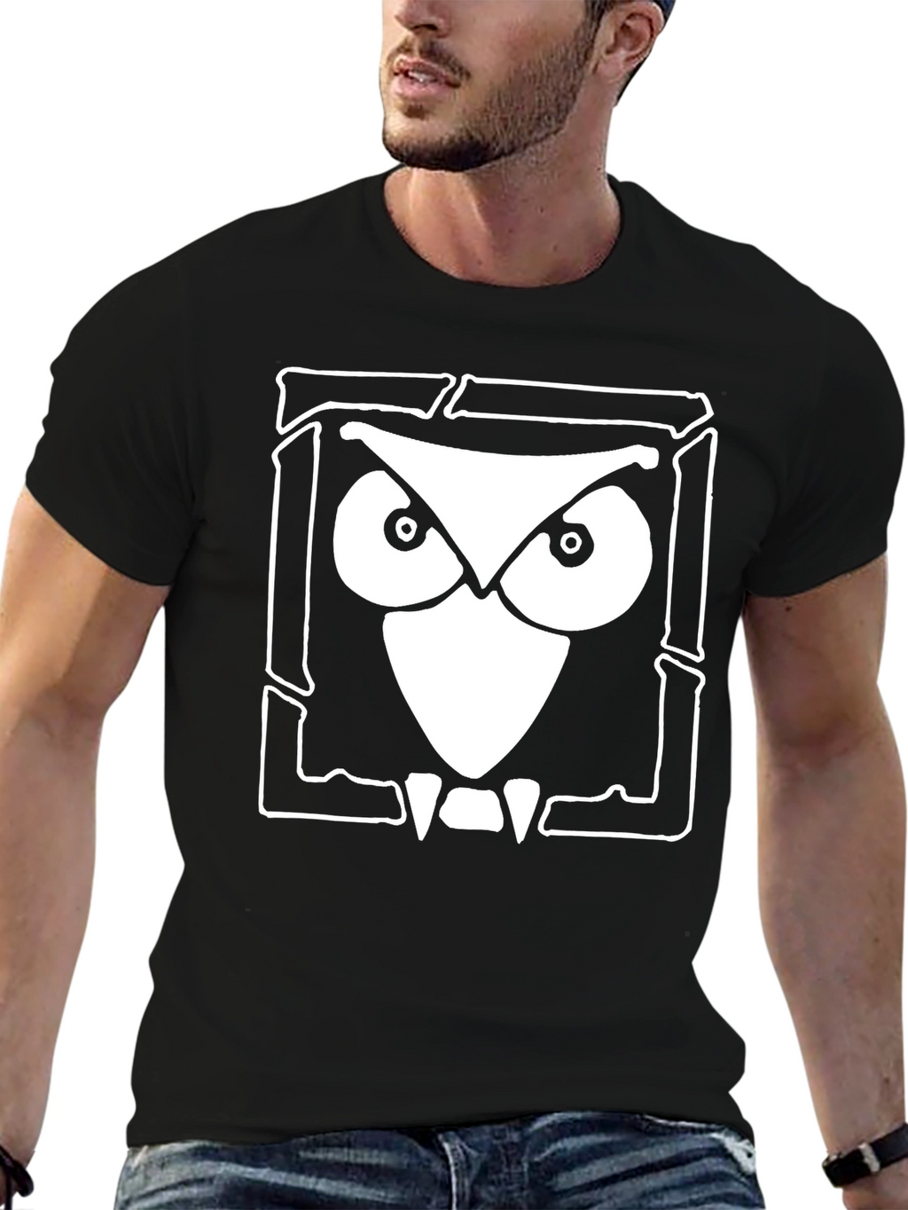 Owl Graphic Print Black Cotton T-Shirt