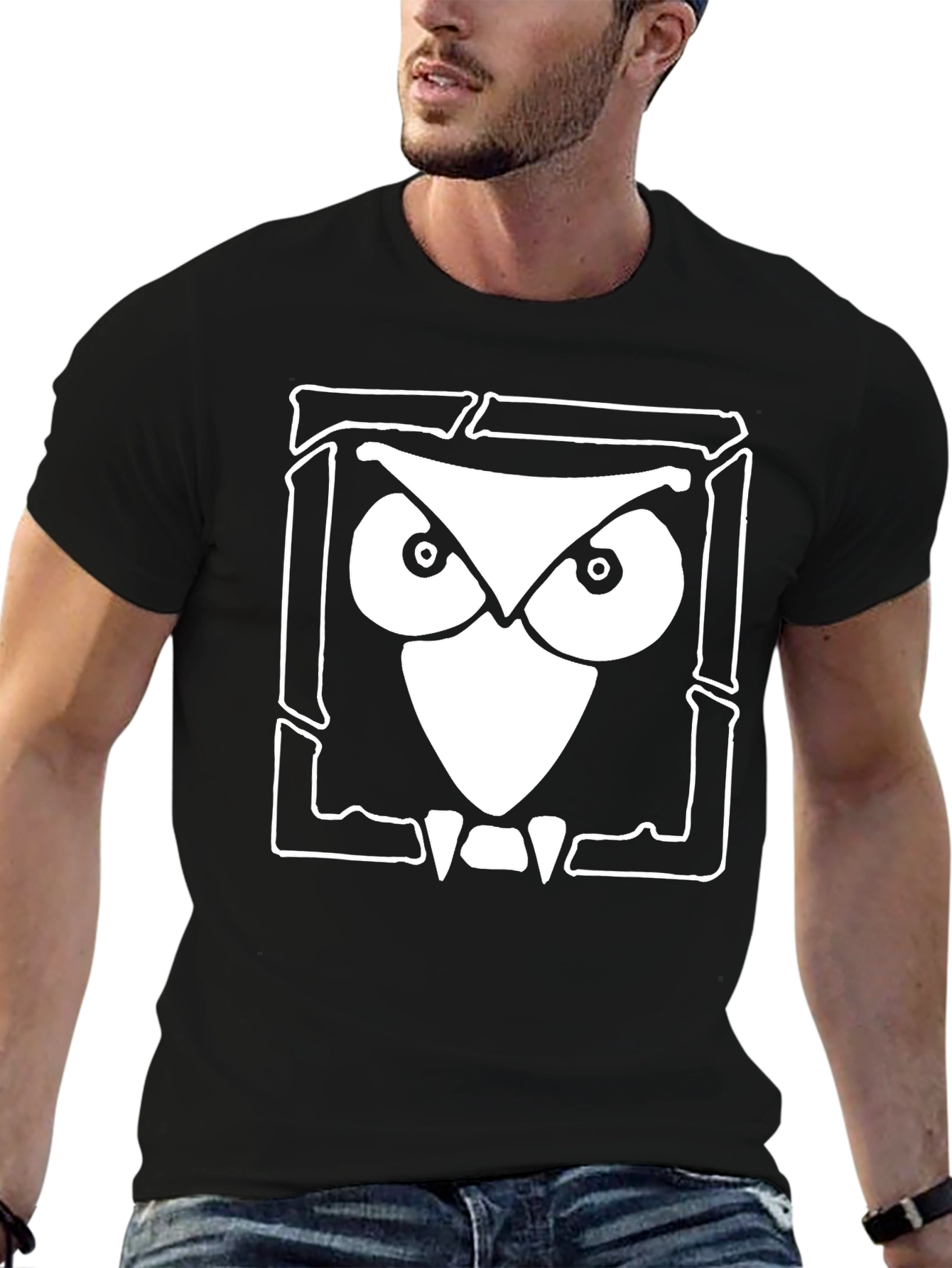 Owl Graphic Print Black Cotton T-Shirt
