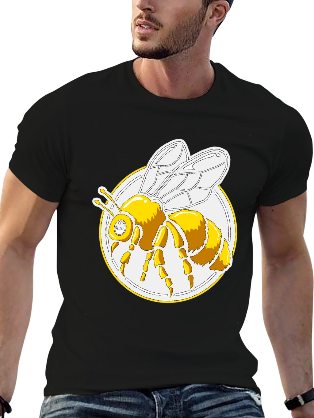 Bee Graphic T-Shirt - Round Design Black Cotton