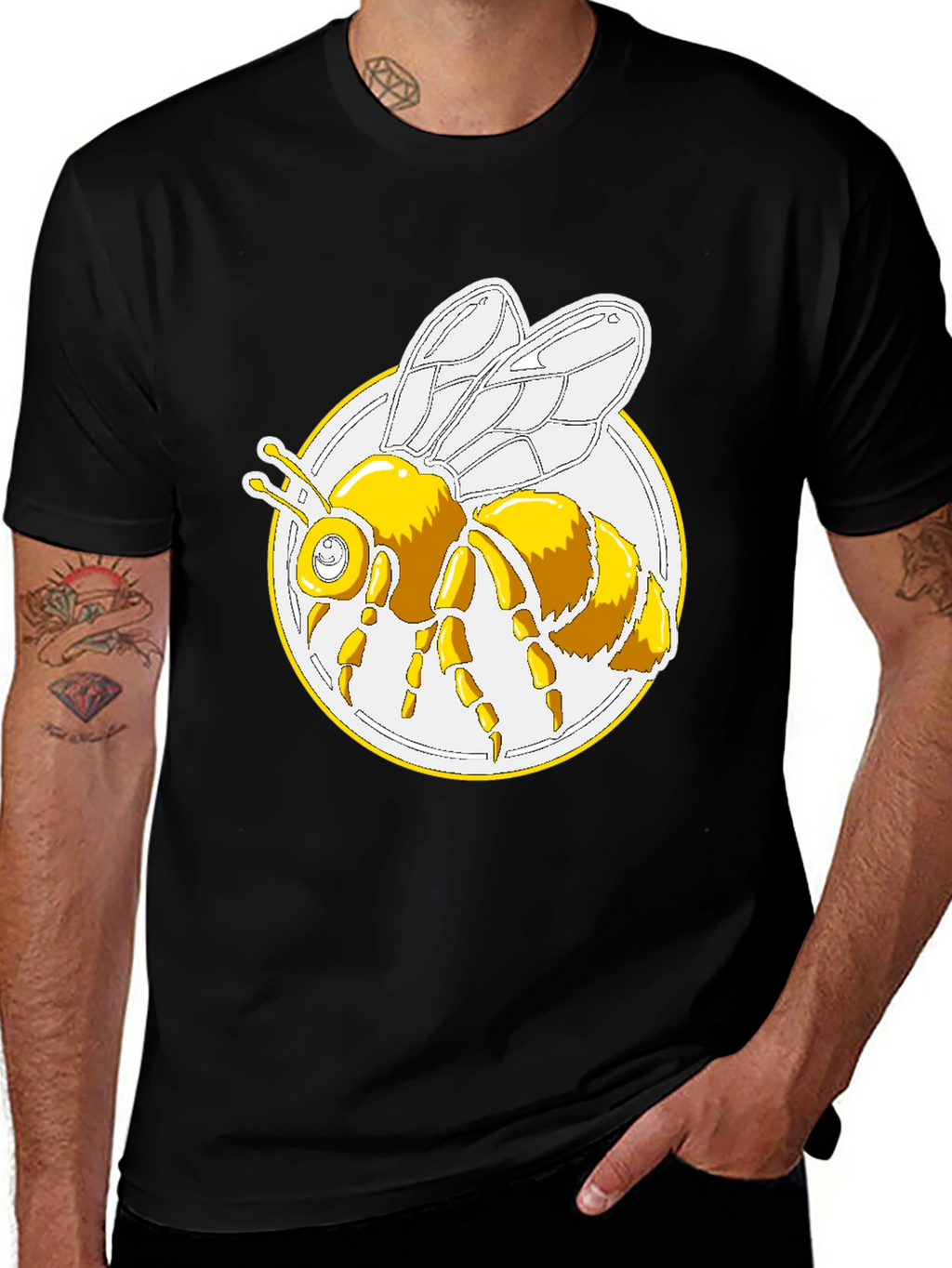 Bee Graphic T-Shirt - Round Design Black Cotton