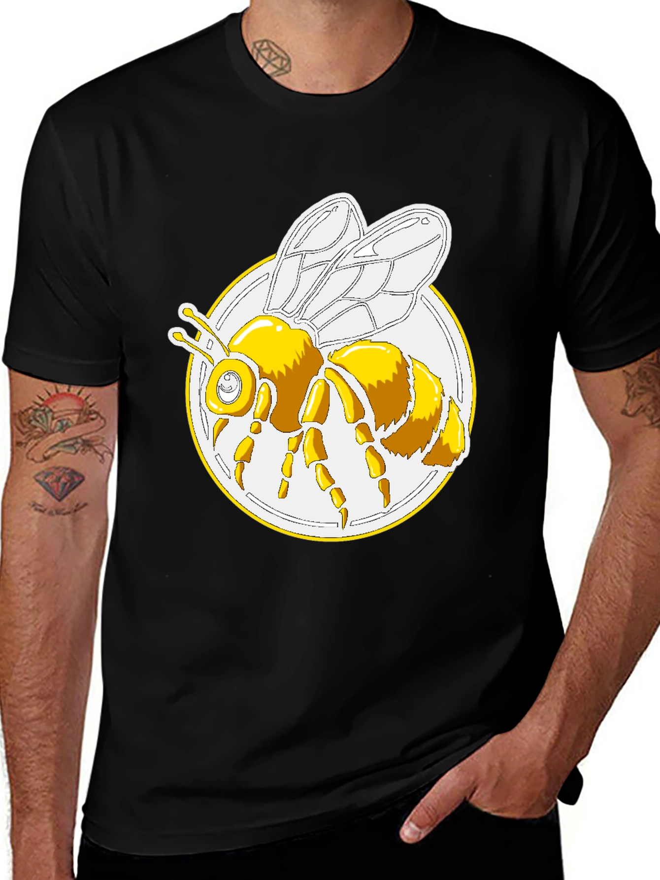 Bee Graphic T-Shirt - Round Design Black Cotton