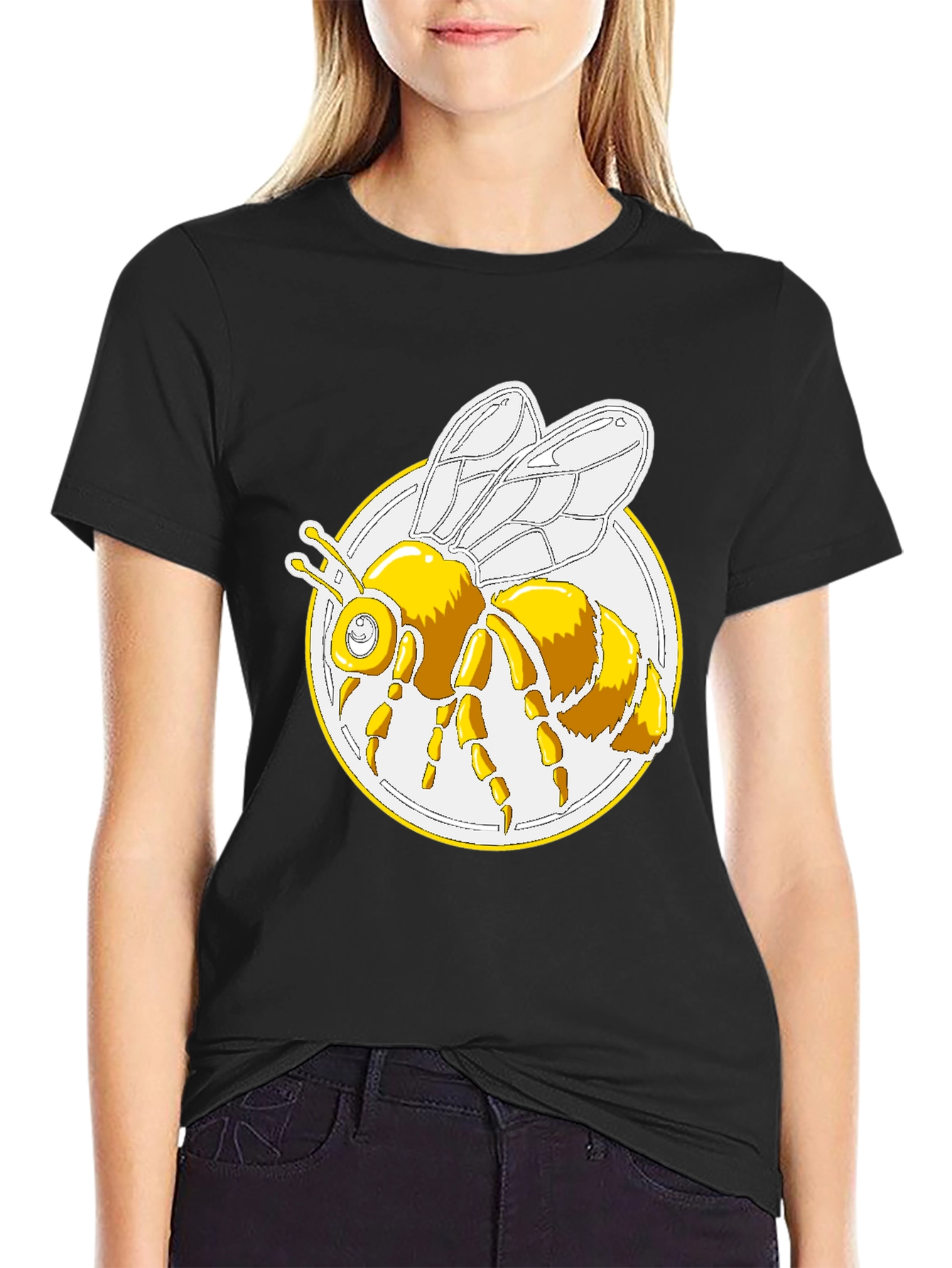 Bee Graphic T-Shirt - Round Design Black Cotton