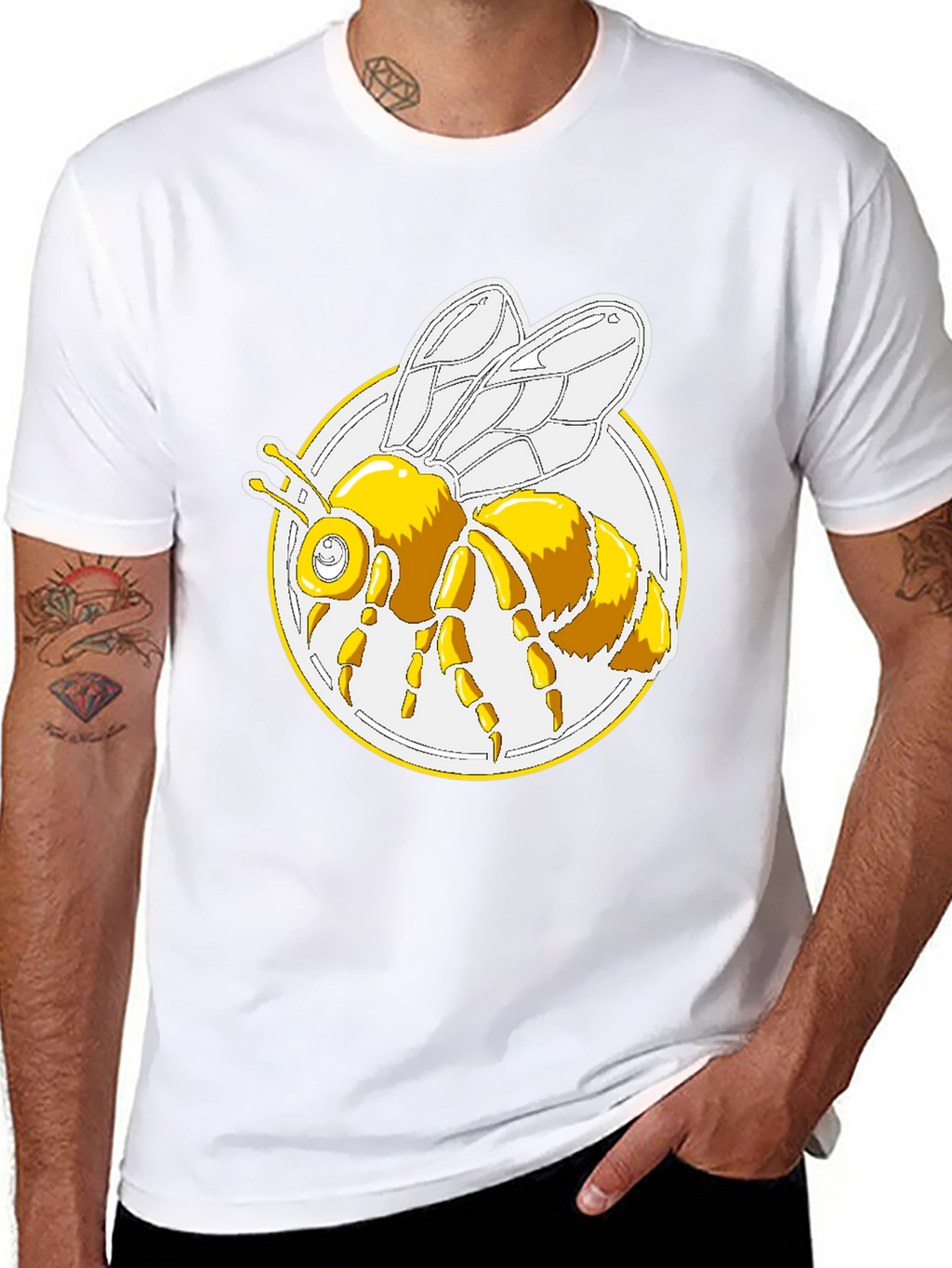 Bee Graphic T-Shirt - Round Design Black Cotton