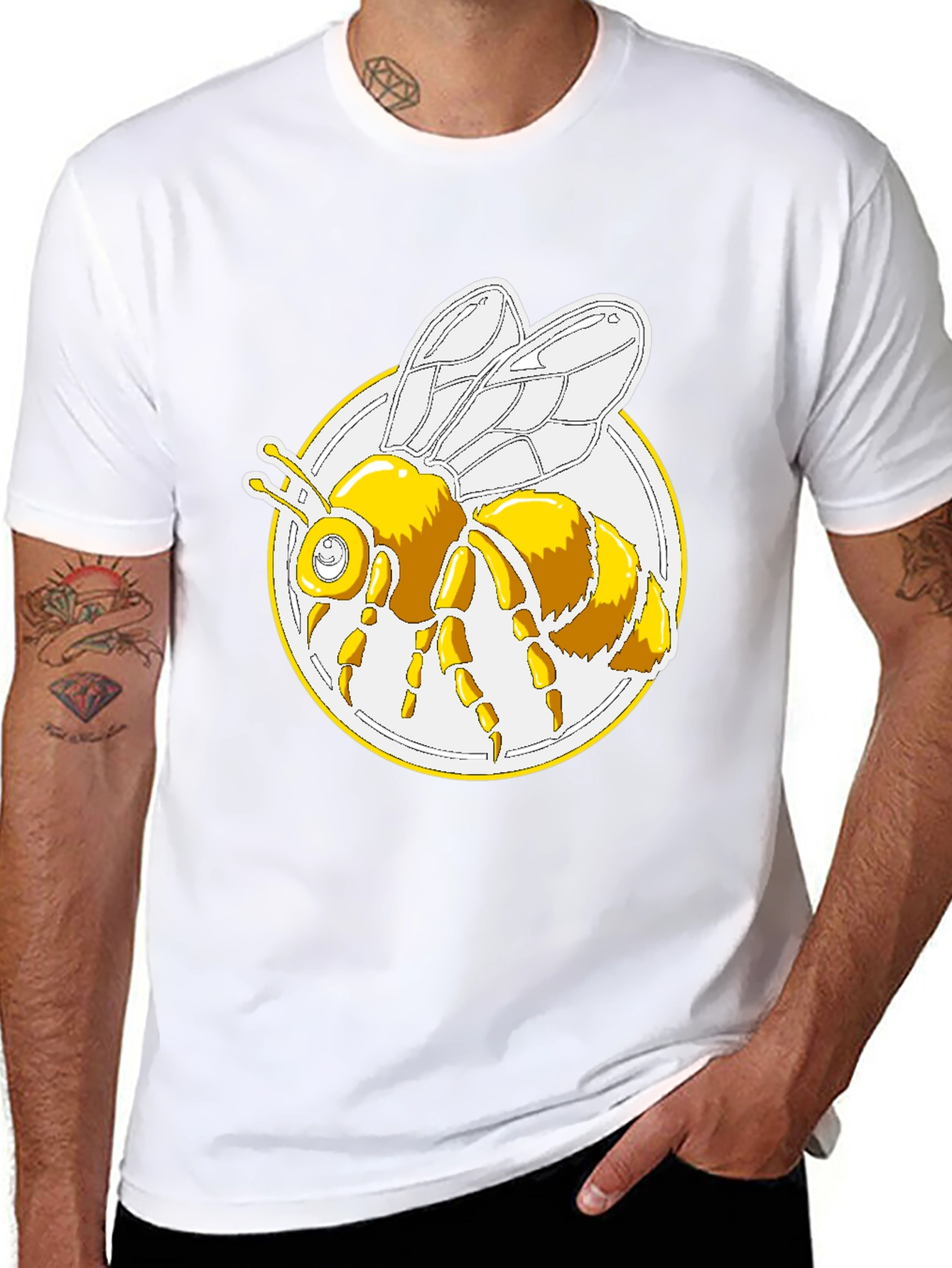 Bee Graphic T-Shirt - Round Design Black Cotton