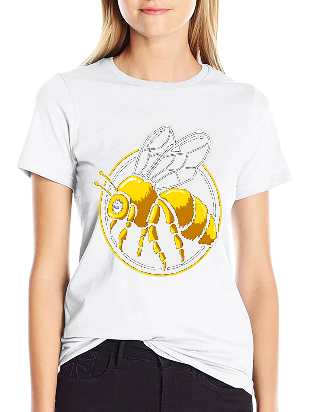 Bee Graphic T-Shirt - Round Design Black Cotton