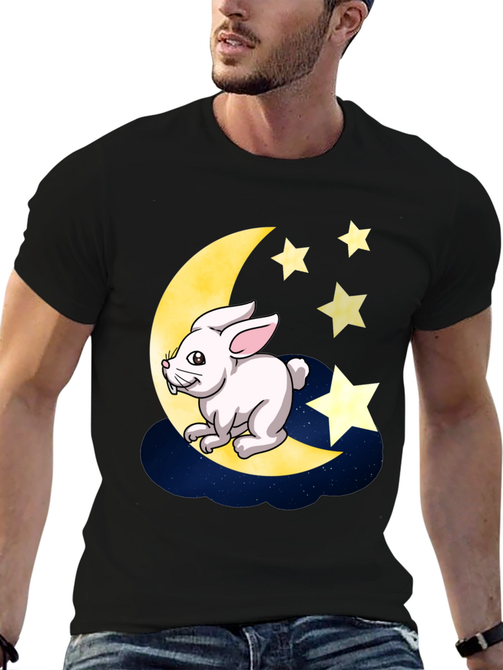 Moon Rabbit Graphic Tee - Black Cotton T-Shirt