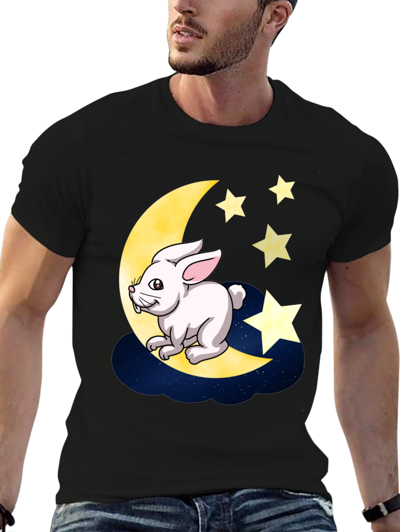 Moon Rabbit Graphic Tee - Black Cotton T-Shirt