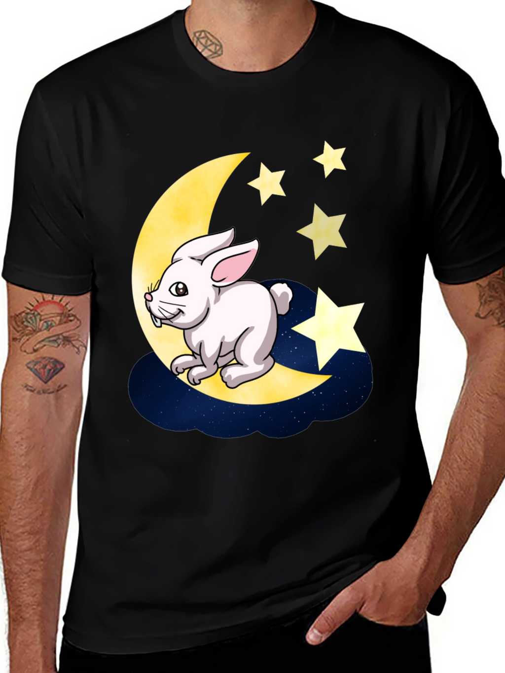 Moon Rabbit Graphic Tee - Black Cotton T-Shirt