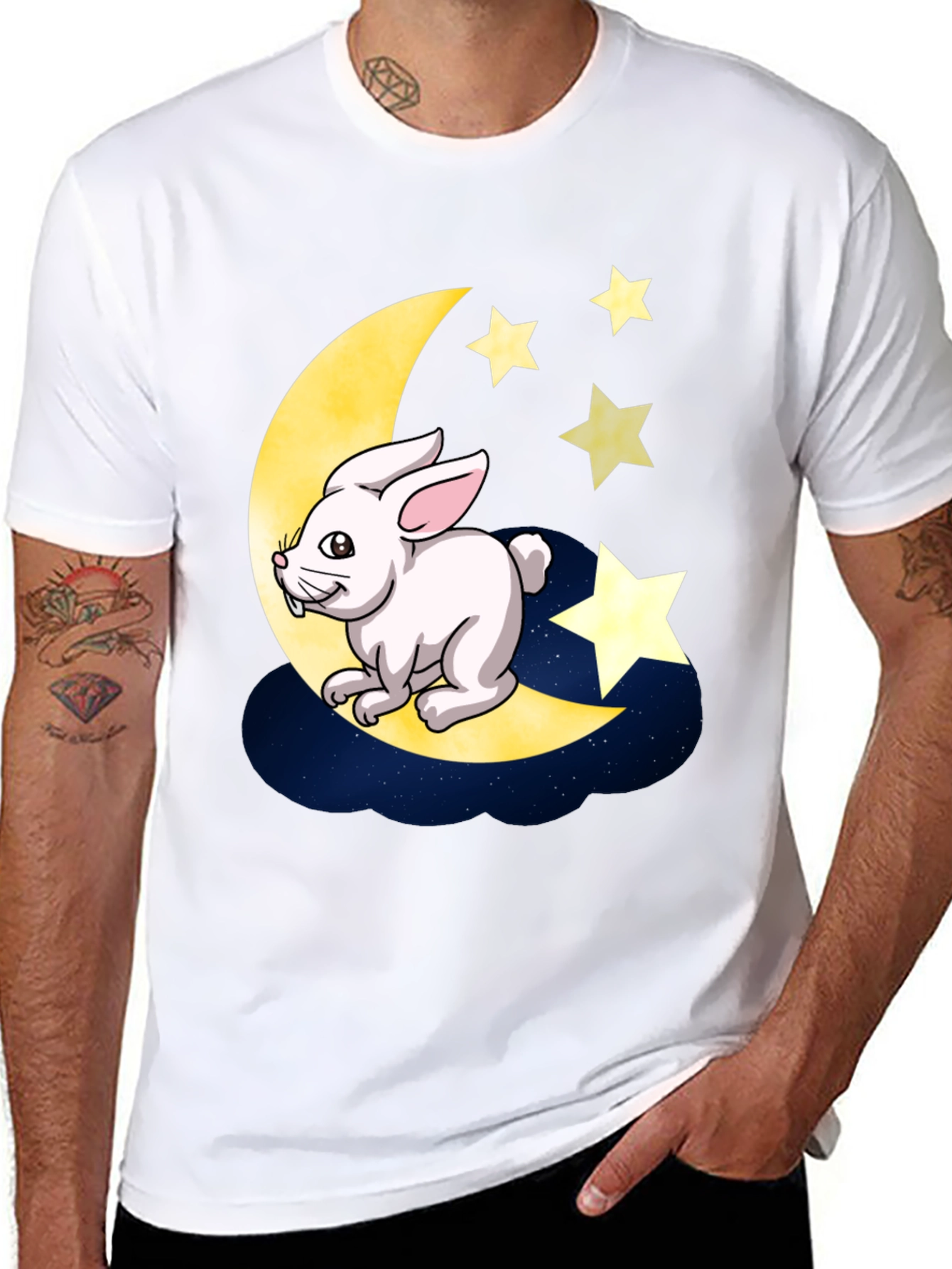 Moon Rabbit Graphic Tee - Black Cotton T-Shirt