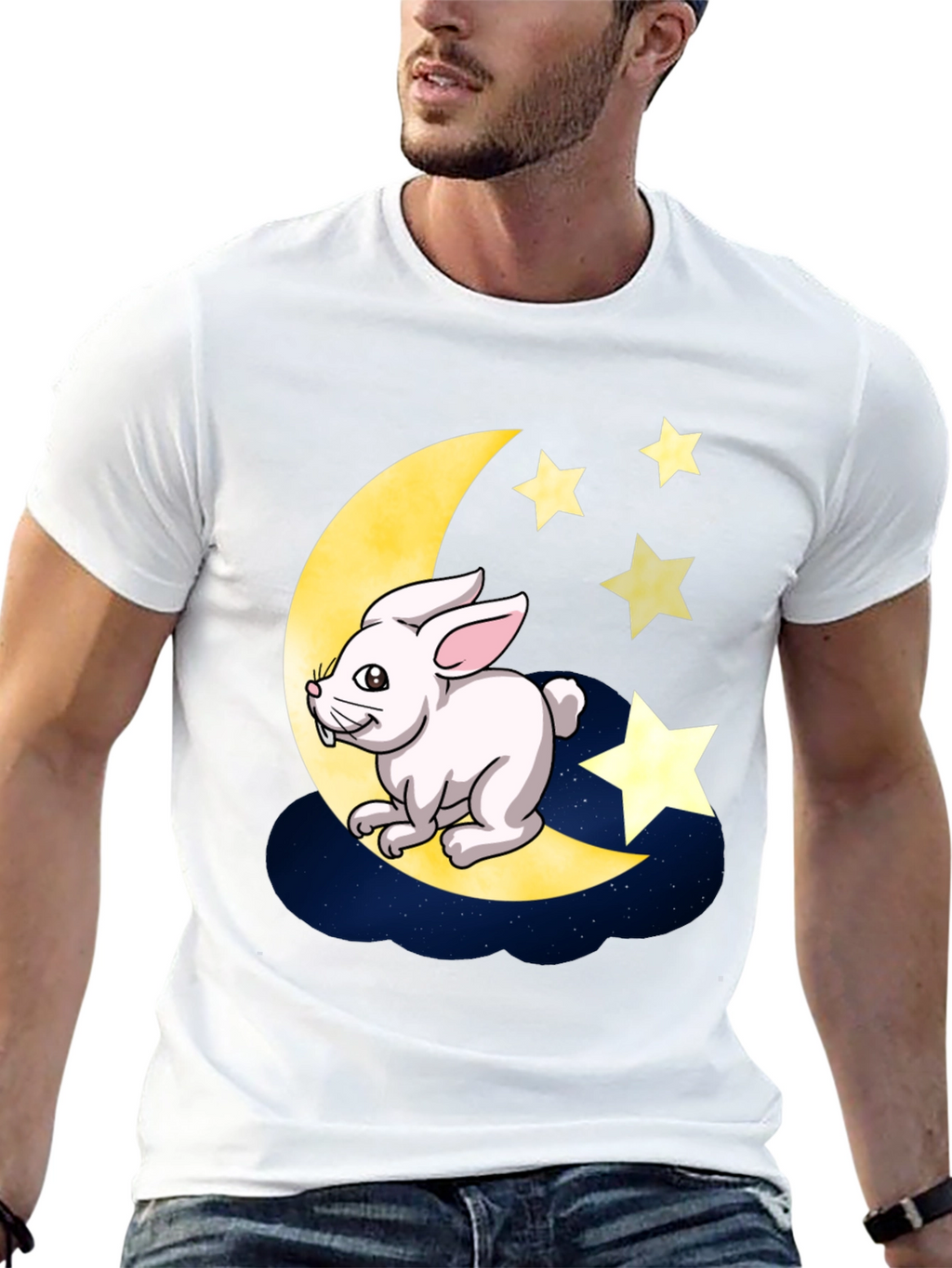 Moon Rabbit Graphic Tee - Black Cotton T-Shirt