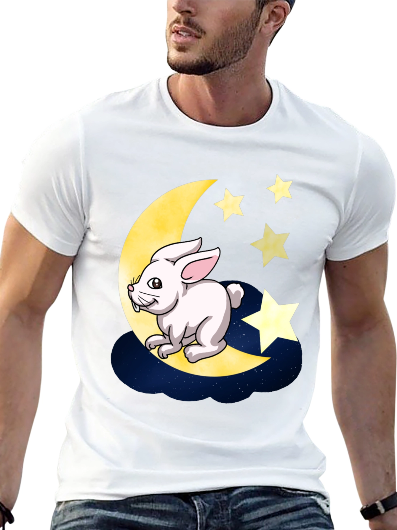Moon Rabbit Graphic Tee - Black Cotton T-Shirt
