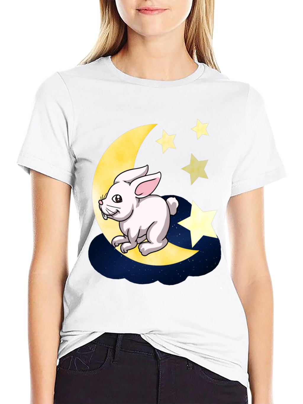 Moon Rabbit Graphic Tee - Black Cotton T-Shirt