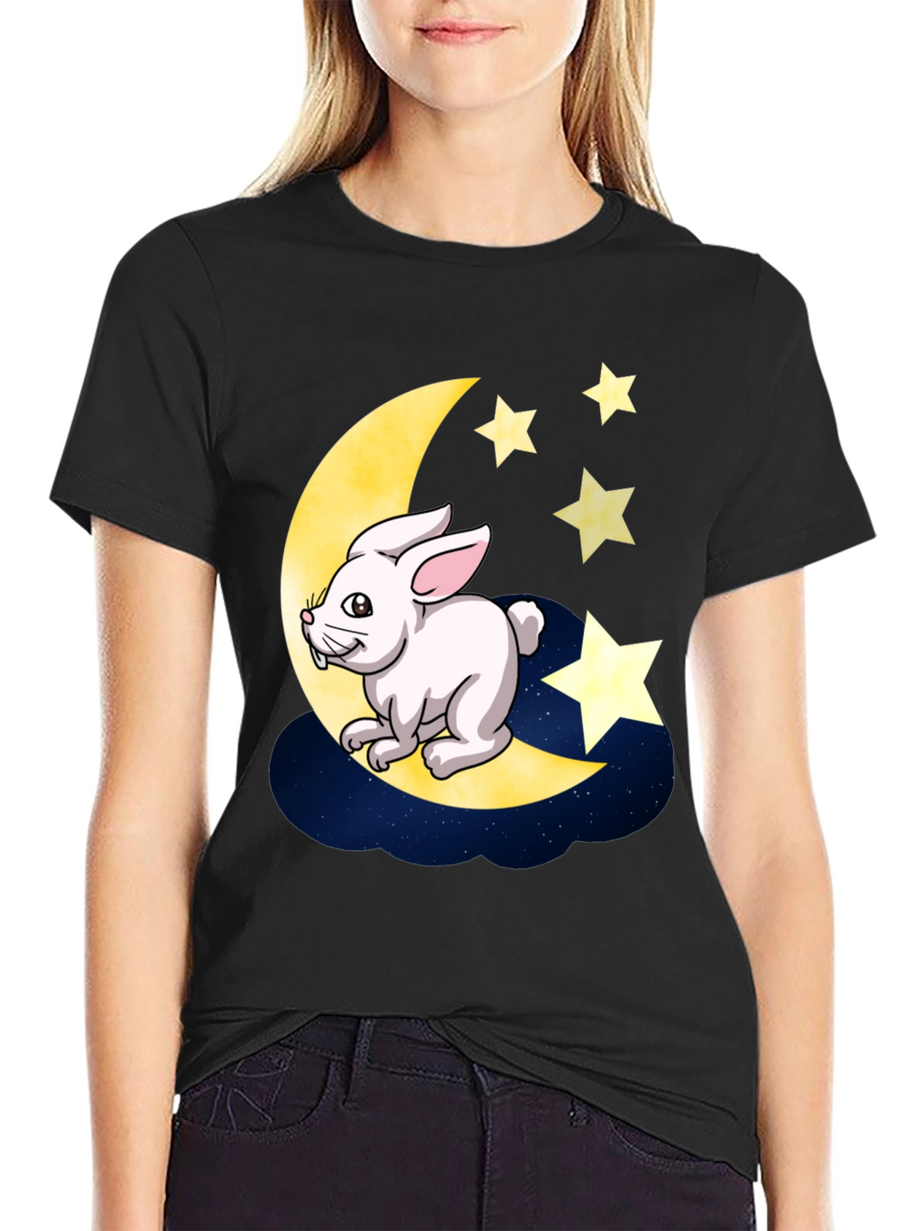 Moon Rabbit Graphic Tee - Black Cotton T-Shirt