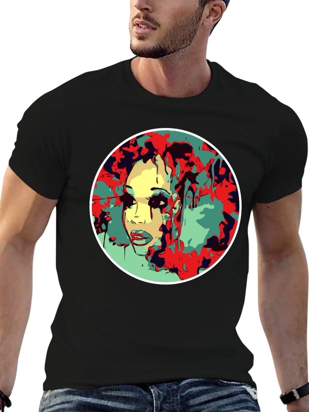Abstract Face Graphic T-Shirt - Black
