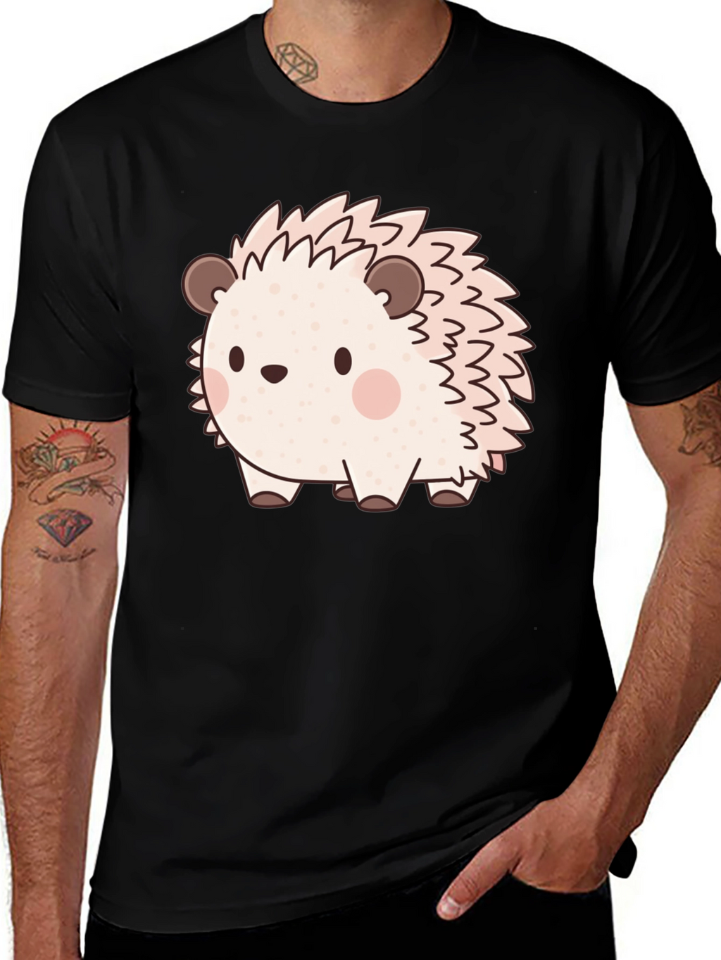 Cute Hedgehog Graphic Print Black T-Shirt