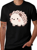 Cute Hedgehog Graphic Print Black T-Shirt