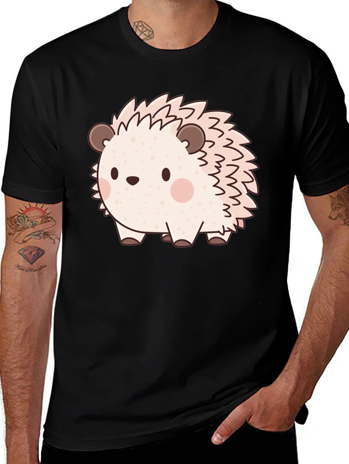 Cute Hedgehog Graphic Print Black T-Shirt