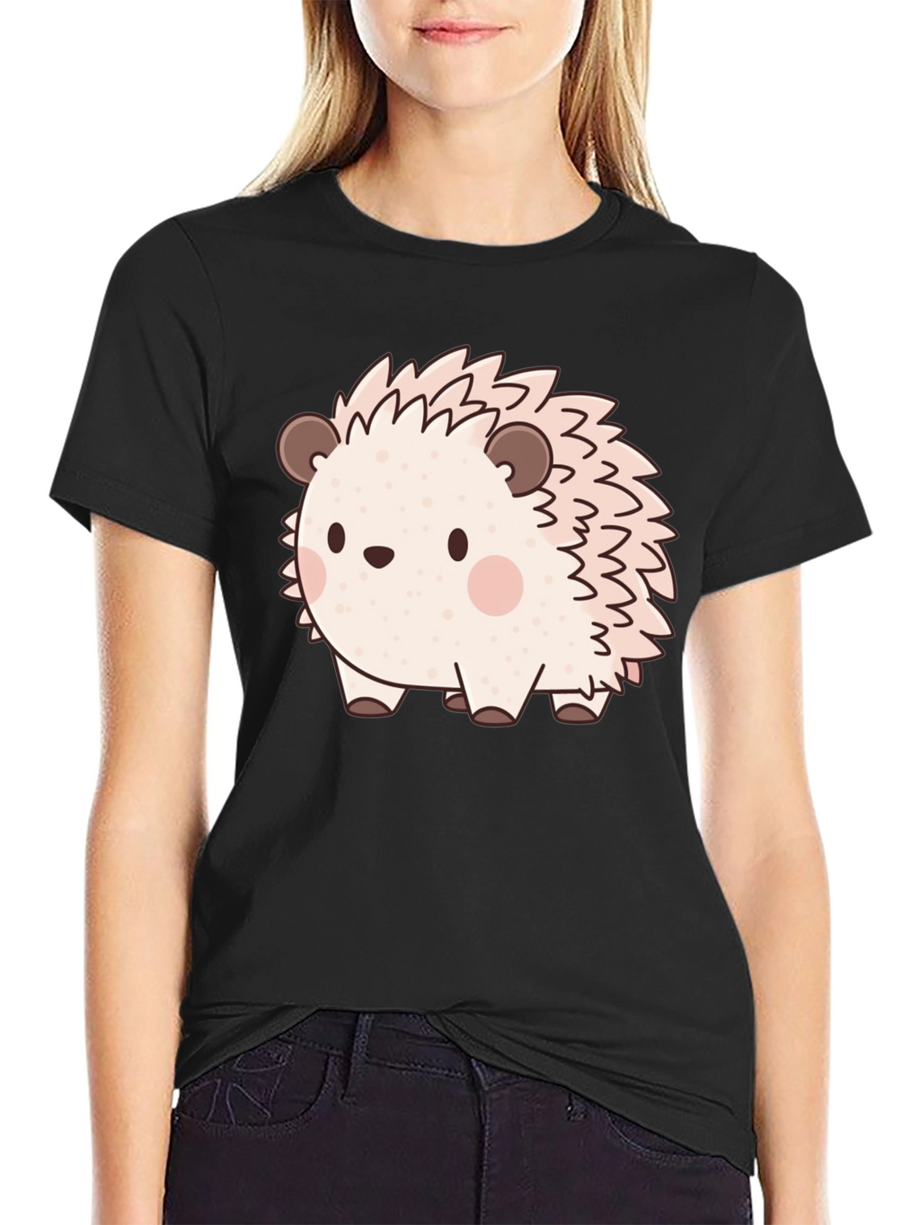 Cute Hedgehog Graphic Print Black T-Shirt