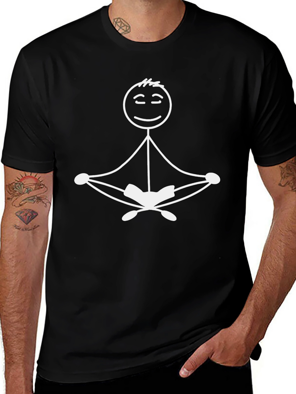 Meditating Stick Figure Graphic Tee - Black Cotton Blend