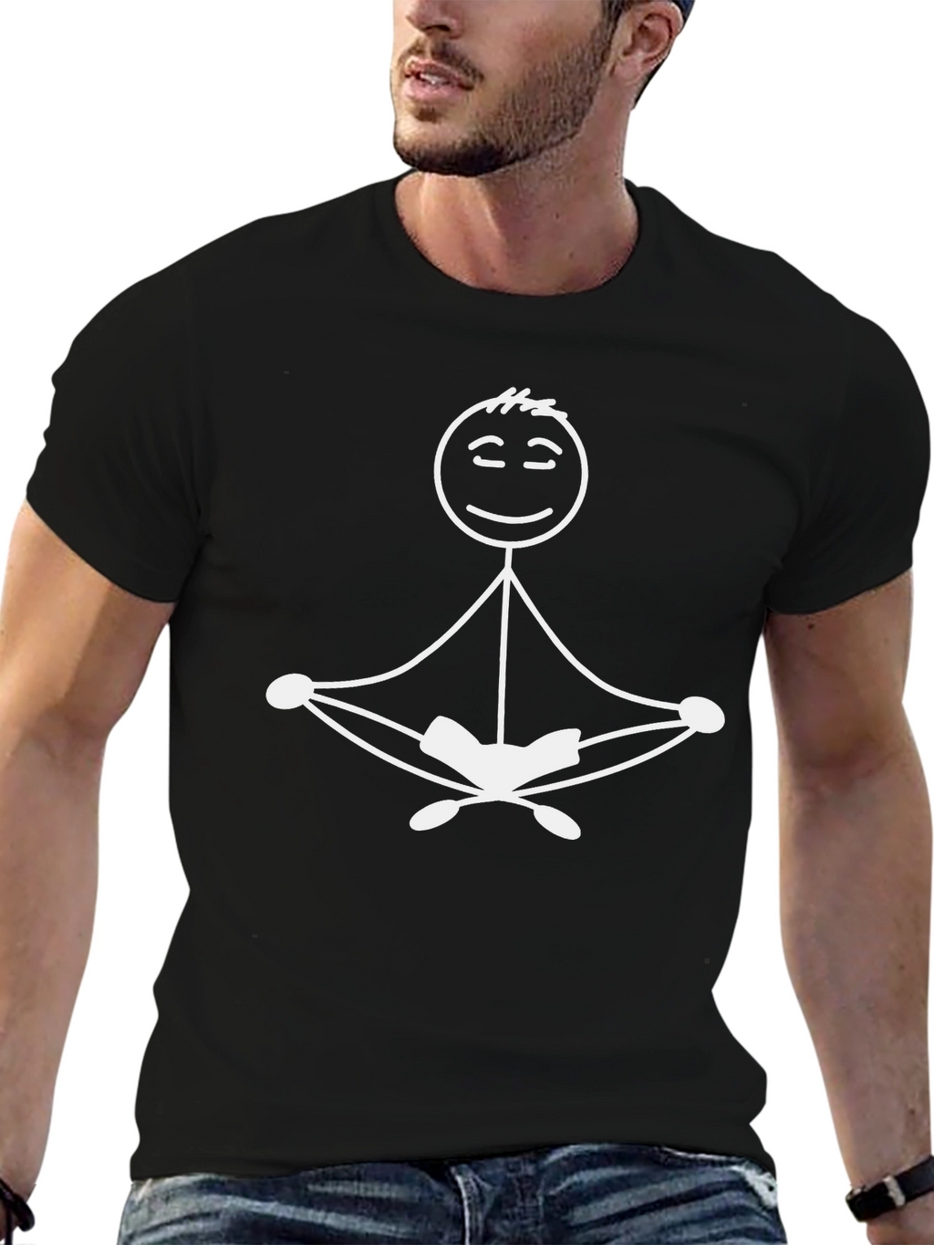 Meditating Stick Figure Graphic Tee - Black Cotton Blend