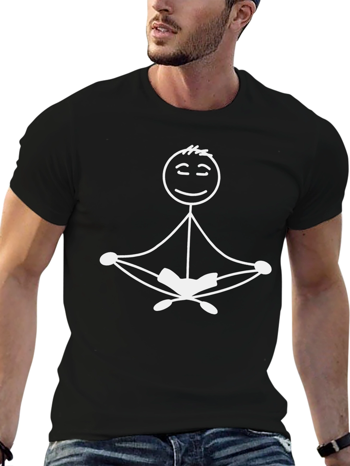 Meditating Stick Figure Graphic Tee - Black Cotton Blend