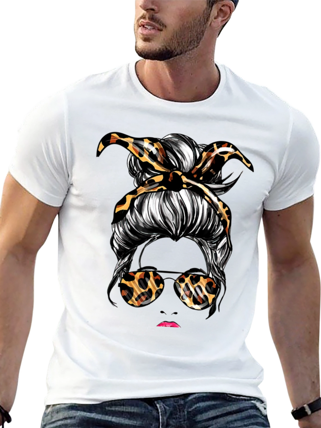 Messy Bun Leopard Print T-Shirt