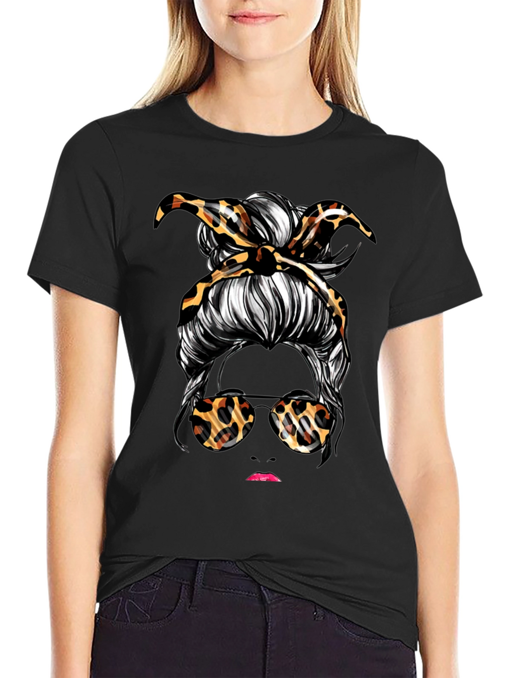 Messy Bun Leopard Print T-Shirt