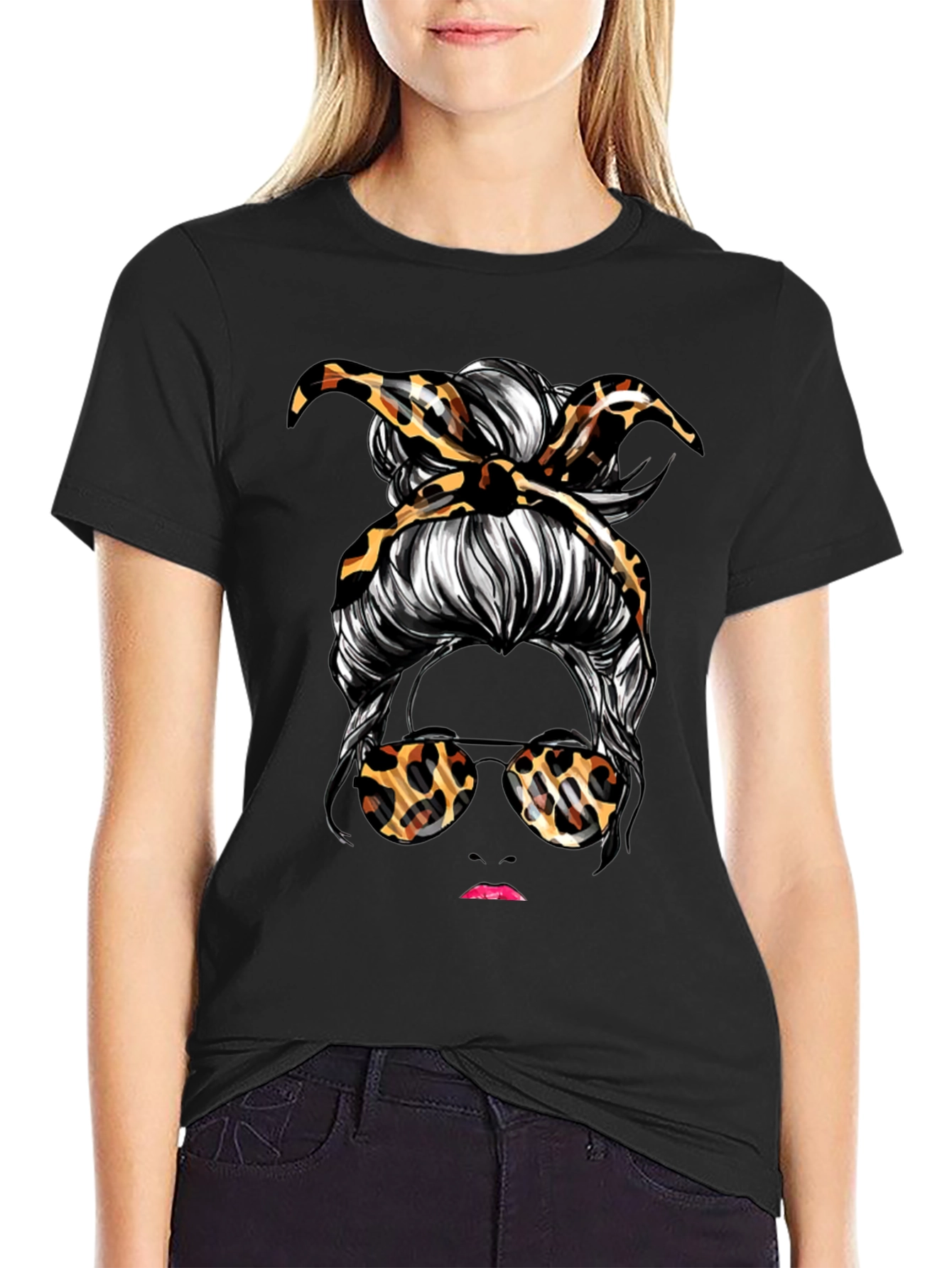 Messy Bun Leopard Print T-Shirt