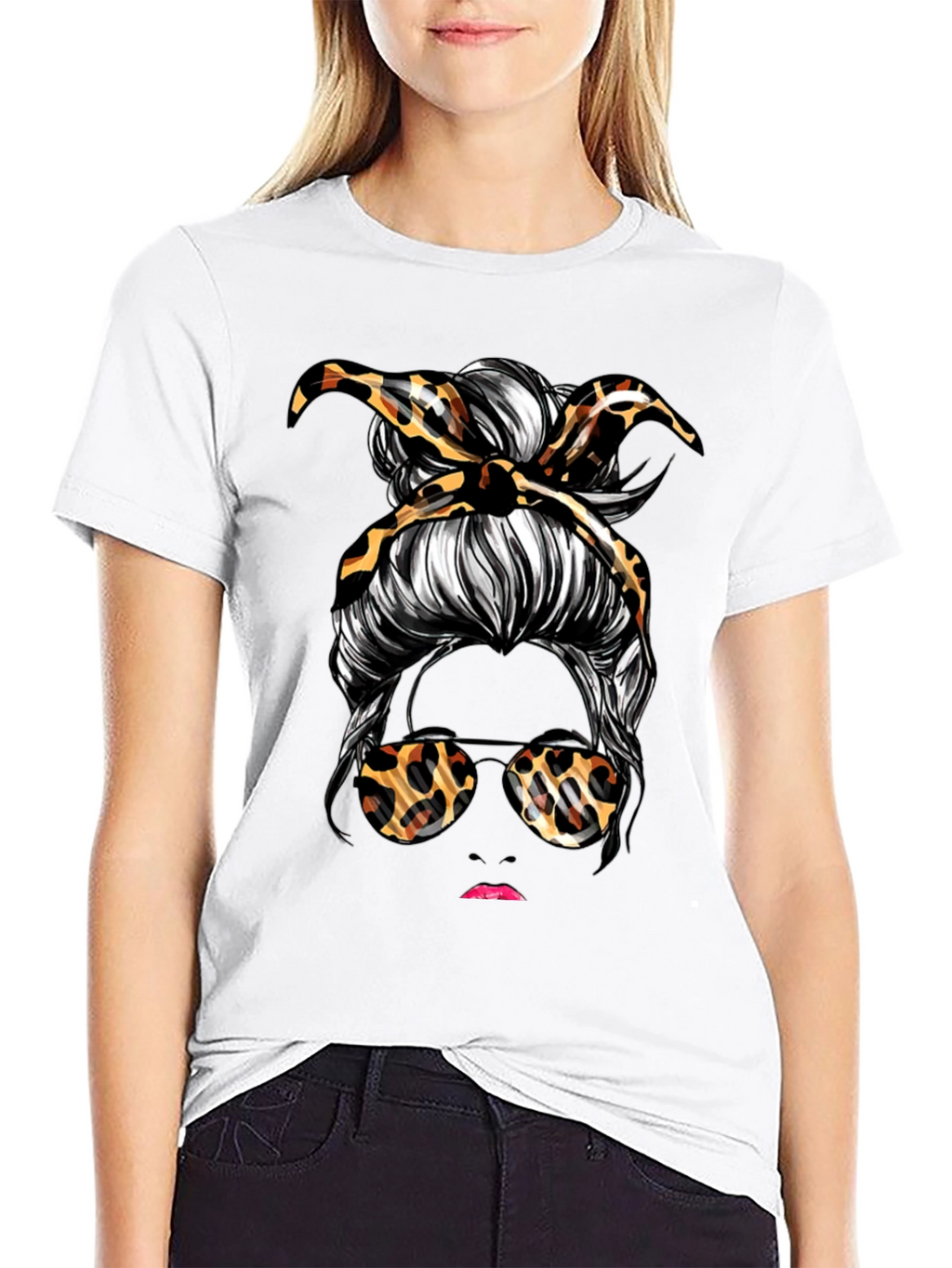 Messy Bun Leopard Print T-Shirt