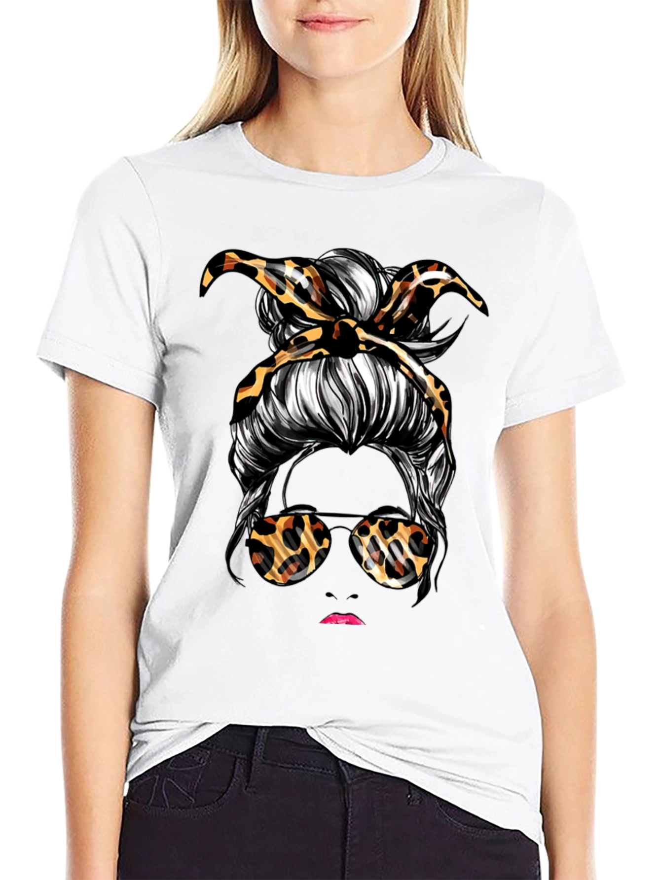 Messy Bun Leopard Print T-Shirt