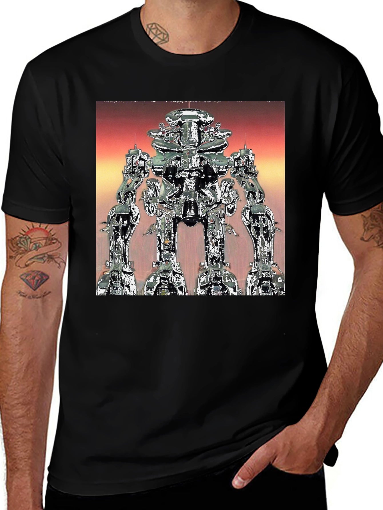Futuristic Robot Graphic Tee - Black Cotton T-Shirt