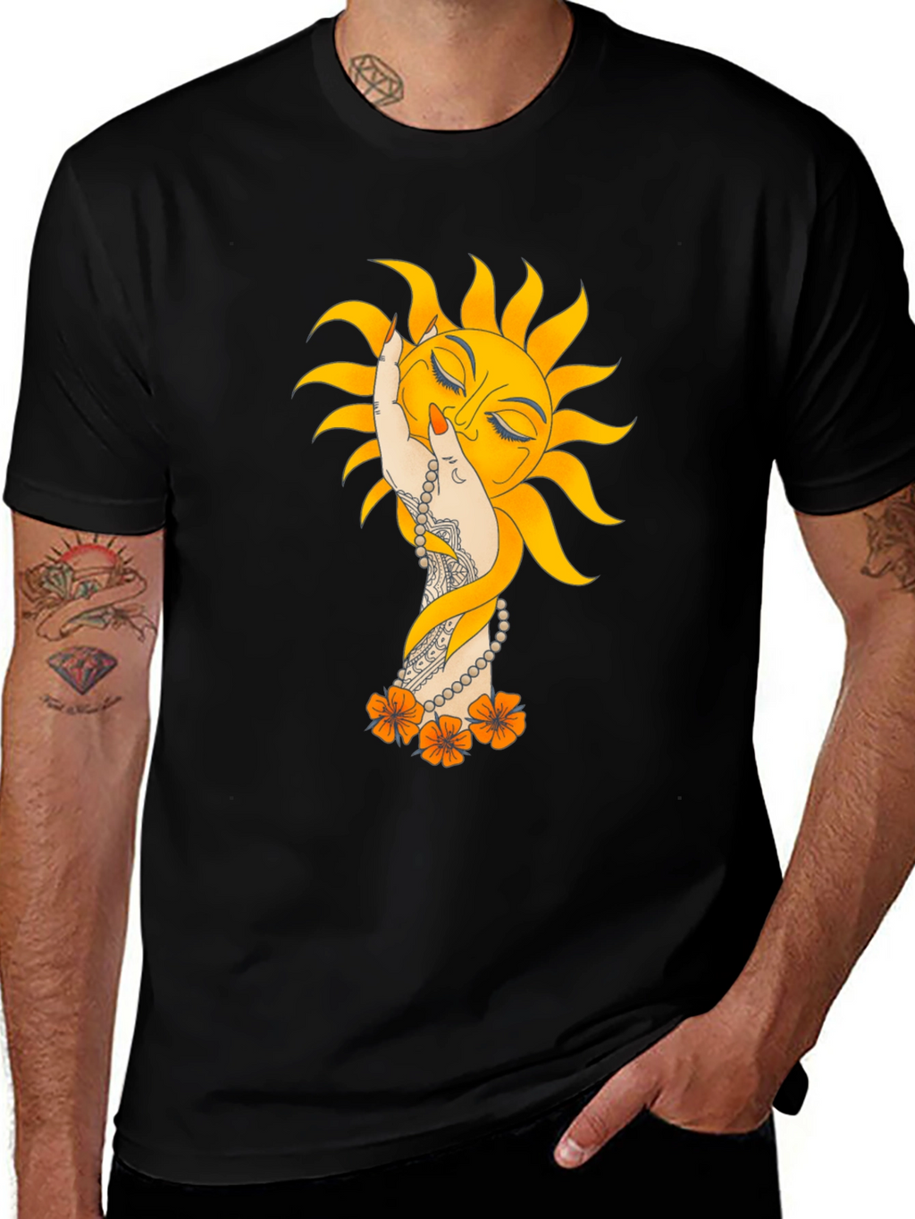 Sun Hand Graphic Tee - Stylish Black T-Shirt