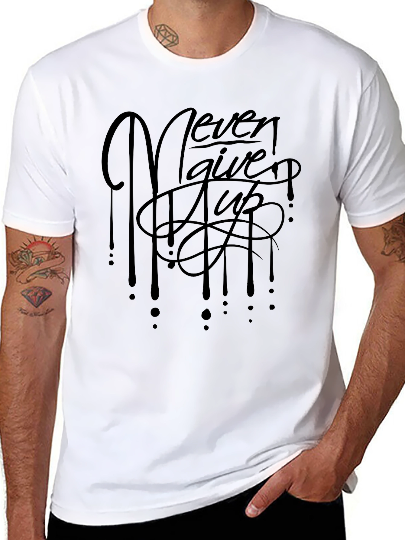 Never Give Up Black Graphic T-Shirt