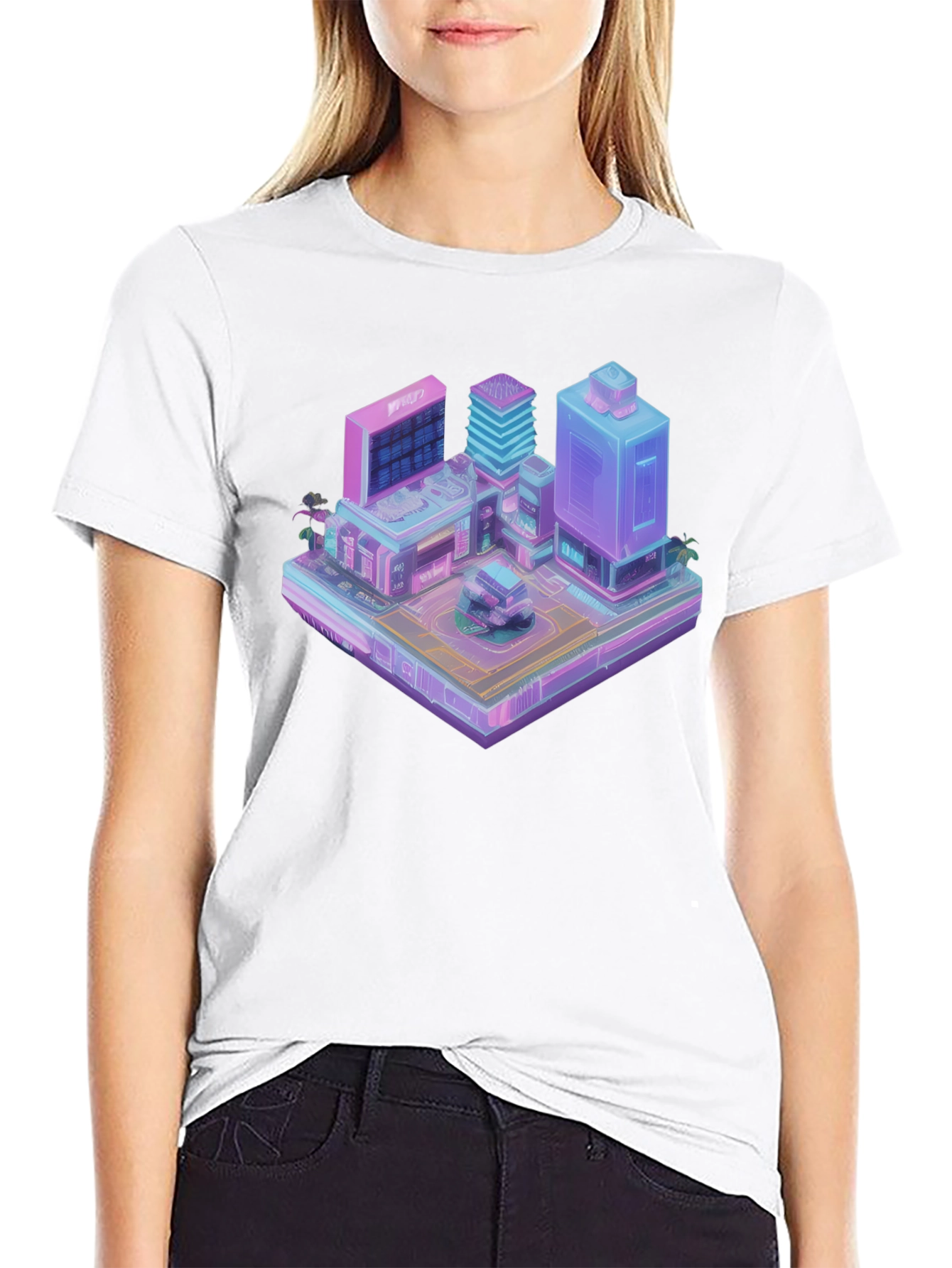Cyberpunk City T-Shirt - Isometric Vaporwave Style