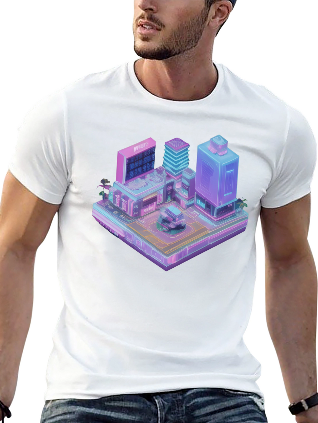 Cyberpunk City T-Shirt - Isometric Vaporwave Style