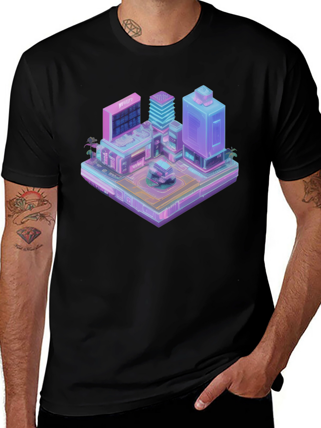 Cyberpunk City T-Shirt - Isometric Vaporwave Style