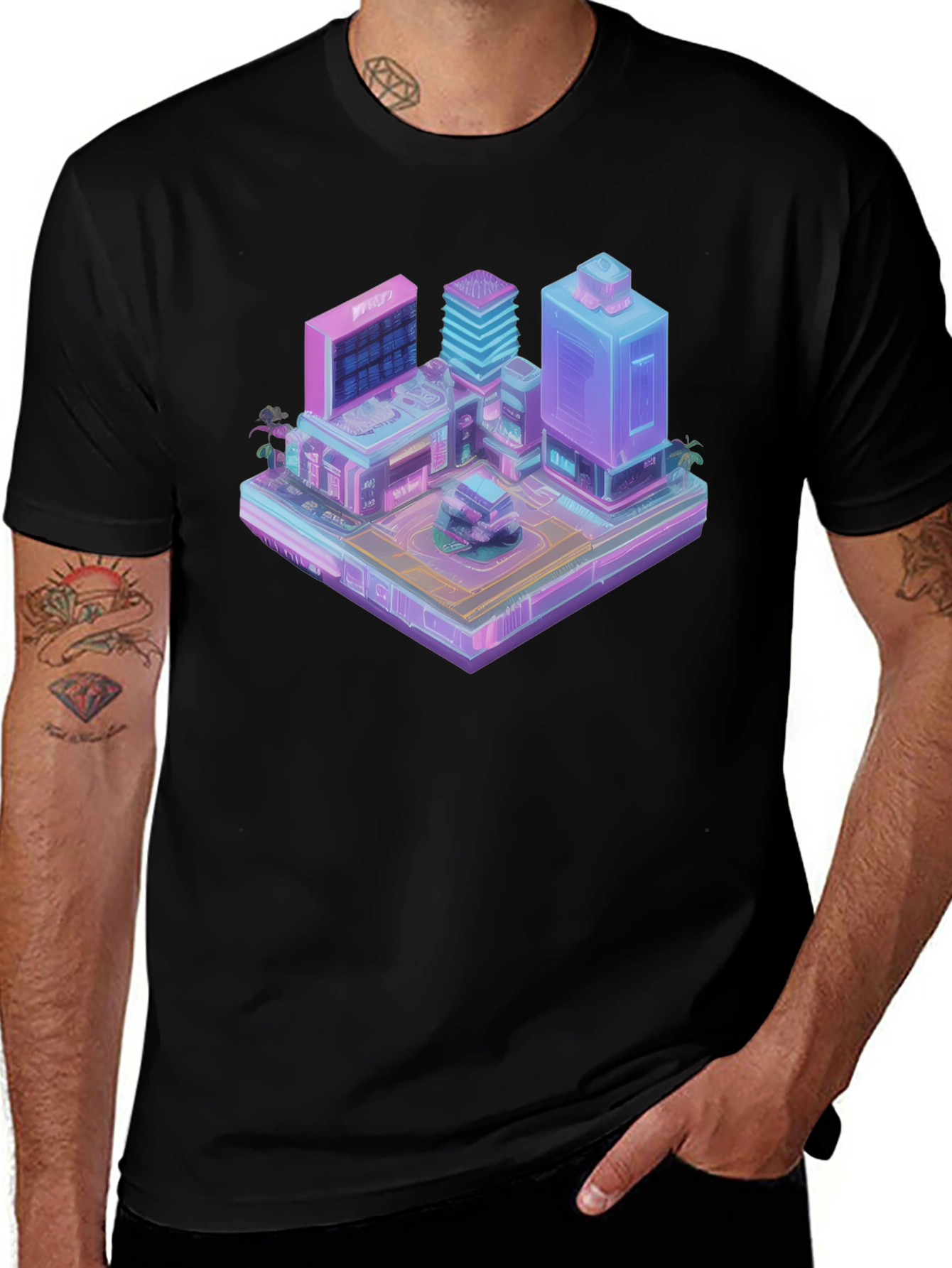 Cyberpunk City T-Shirt - Isometric Vaporwave Style