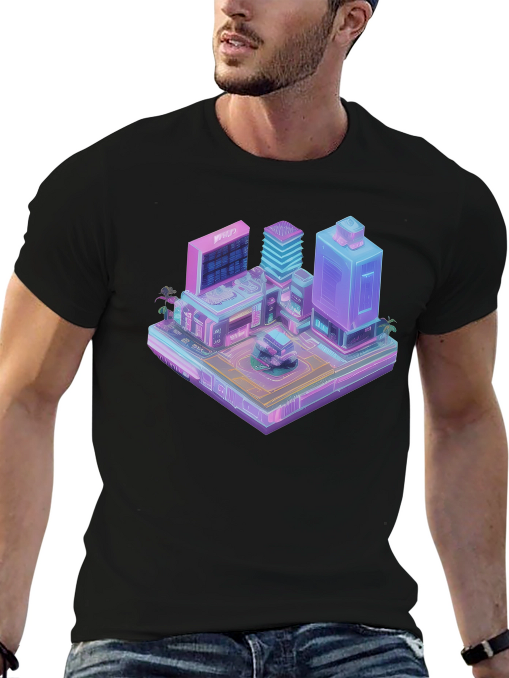 Cyberpunk City T-Shirt - Isometric Vaporwave Style