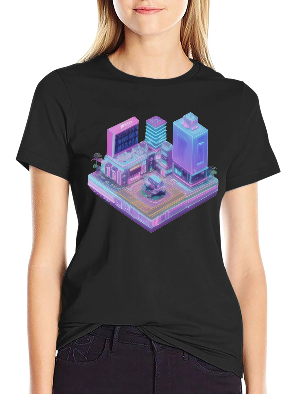 Cyberpunk City T-Shirt - Isometric Vaporwave Style