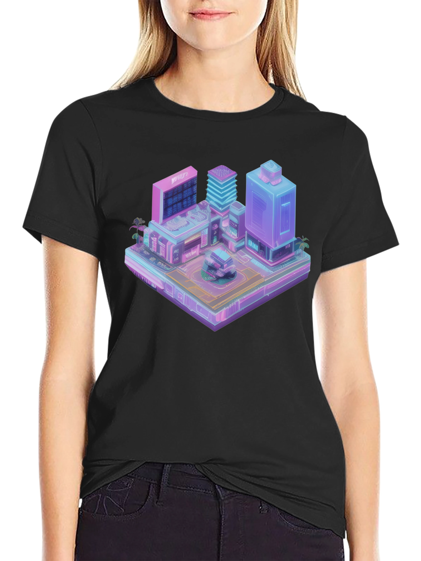Cyberpunk City T-Shirt - Isometric Vaporwave Style