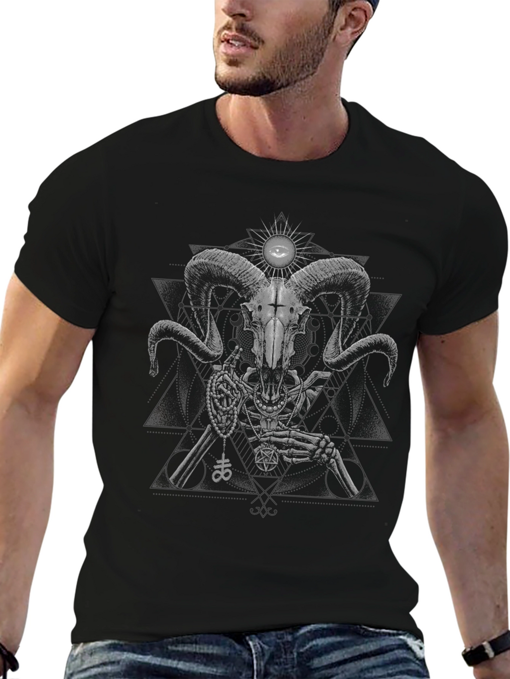 Ram Skull Skeleton Graphic Tee - Black Cotton