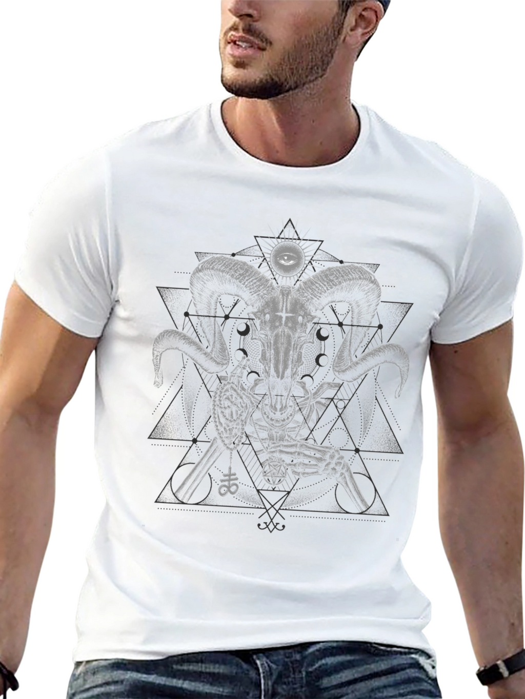 Ram Skull Skeleton Graphic Tee - Black Cotton